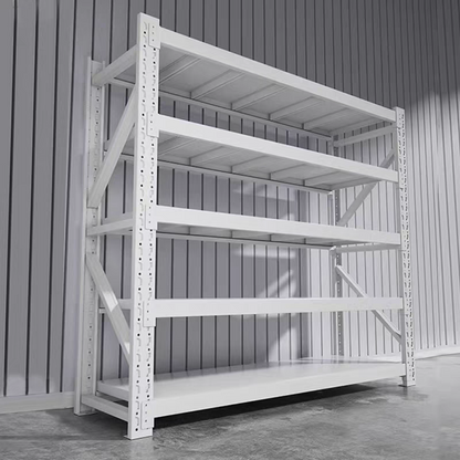 Reinforced multi-tier steel shelving for heavy-duty storage