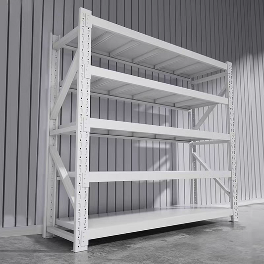Reinforced multi-tier steel shelving for heavy-duty storage