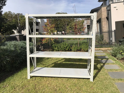 Reinforced multi-tier steel shelving for heavy-duty storage